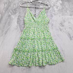 Speechless Dress Womens L Green Floral V-neck Smocked Waist Tiered Mini Stretch